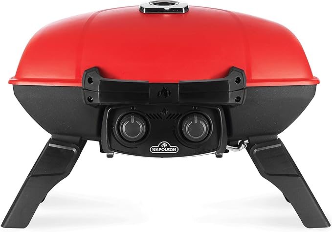 Napoleon TravelQ 285 Portable Propane Gas Grill with Griddle, Red, 2 Burners, Tailgating, Camping, and Small Outdoor Spaces