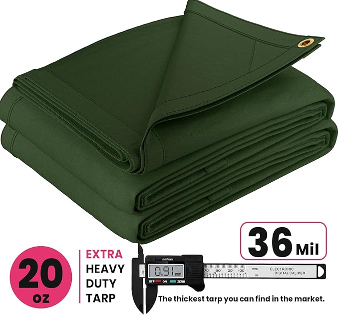 PROTARP Extreme Heavy Duty 20 OZ Water Resistant Canvas Tarp, UV Resistant Tarpaulin Cover with Rustproof Brass Grommets, Multipurpose for Canopy, Roof, Camping, Woodpile (Olive 14'X14')