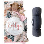 Custom Toddler Nap Mat for Preschool, Personalized Name Flower Kids Sleeping Bag for Daycare, Roll Up Sleeping Mat with Removable Pillow and Soft Dot Minky Blanke for Girls Camping