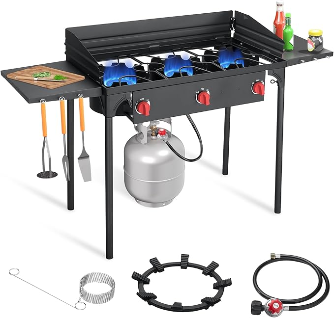 SKOK 3 Burners Portable Propane Stove with Wind Panel&Side Shelves, Camping Propane Stove, Outdoor Stove for Camping