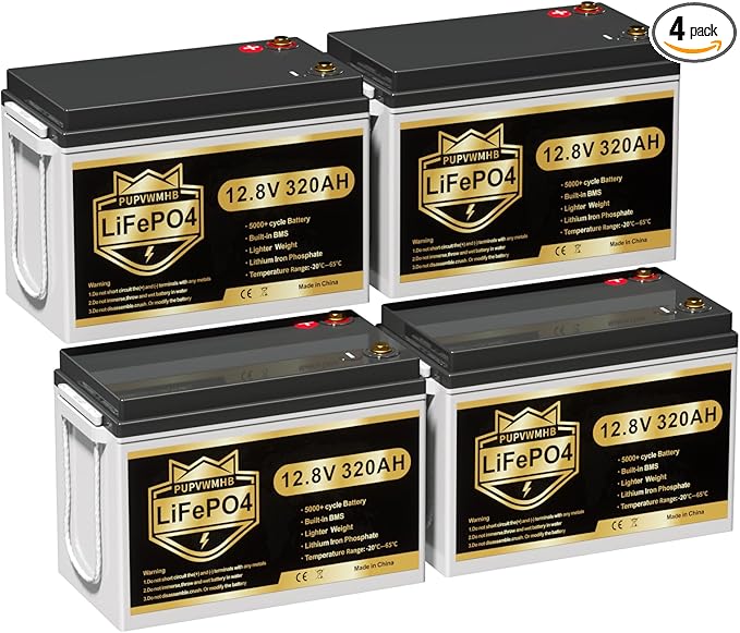4 Pack 12V 320Ah Lithium LiFePO4 Battery, Built-in Smart 200A BMS, Up to 15000 Cycles, 4096Wh-Higher Energy Density, Perfect for Solar Energy Storage, Backup Power, RV, Camping, Off-Grid System