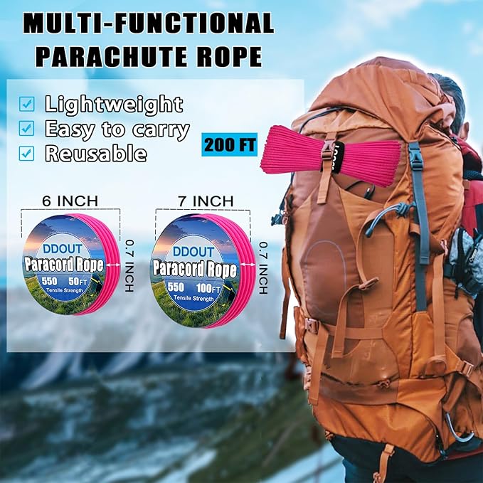 Paracord Nylon Rope Hot Pink 50FT with 7-Strand Core, 10 Colors and 50/100/200 ft, Type III Parachute Cord 4mm for Camping, Survival, Hiking, DIY, Crafting, Outdoor Utility Rope