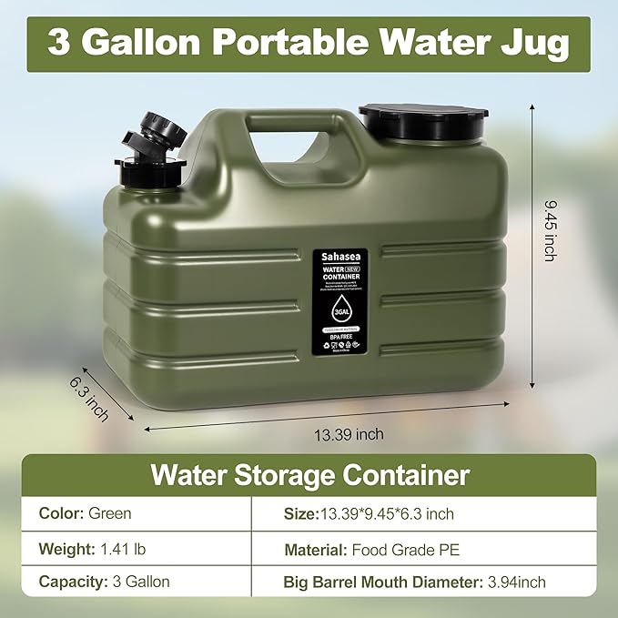 3 Gallon Water Jug, Portable Camping Water Jug Dispenser with Spigot, Leak-Proof Water Storage Containers for Camping, Outdoor, RV, BPA Free Emergency Water Tank, Green