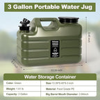 3 Gallon Water Jug, Portable Camping Water Jug Dispenser with Spigot, Leak-Proof Water Storage Containers for Camping, Outdoor, RV, BPA Free Emergency Water Tank, Green