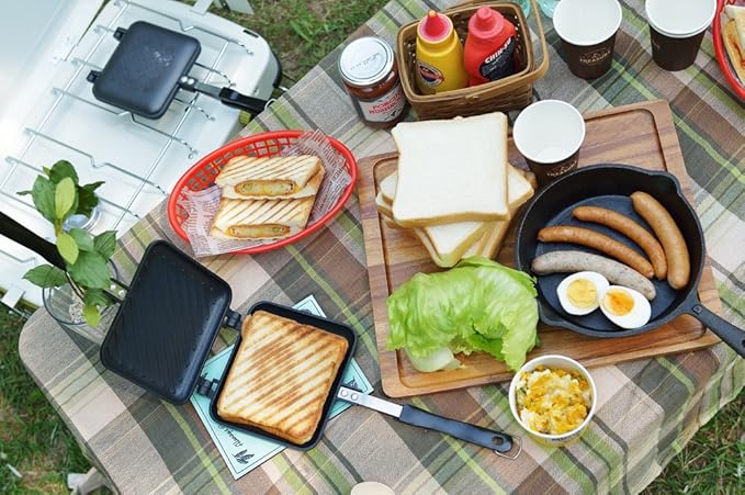 Yoshikawa SJ2408 Hot Sand Maker, For Gas Fire, Crispy, Single Fluorine Processed, Tanned Grill, Total Width 5.9 x Length 13.8 x Height 1.3 inches (15 x 35 x 3.2 cm), Black, Outdoor Camping