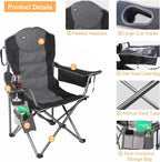 Northroad Oversized Camping Chair, Full Padded Outdoor Folding Chair Support 350 LBS, Heavy Duty Lawn Chair w/Cup Holder, Cooler Bag, Shoulder Straps for Adult-Black