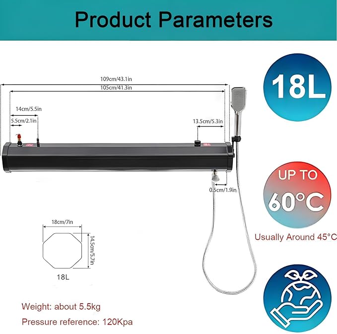 Multi-Function Solar Shower Tank Outdoor - Roof Rack/Vehicle Mountable Portable Water Reservoir for Camping, Overland Expeditions, Car Washing & Outdoor Activities 18L