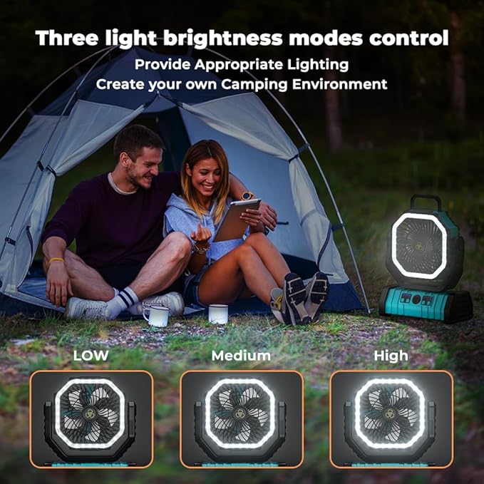 Camping Fan - 20000mAh Battery Powered Fan Rechargeable with LED Lantern - Portable Outdoor Tent Fans with Hanging Hook 4 Speeds Wind Remote Control, Blue