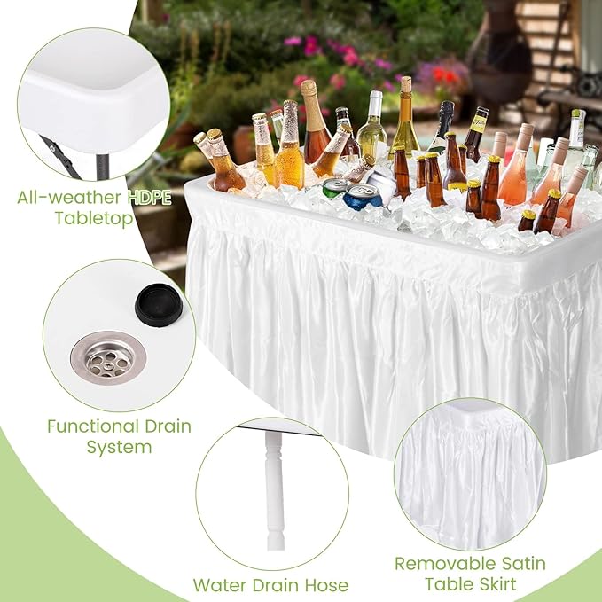 Giantex Folding Ice Table with Drain, 4 ft Portable Cooler with Removable Skirt, No Assembly, Fill and Chill Table for Food Drink Beverage, Foldable Party Ice Bin for Camping BBQ Outdoor, White
