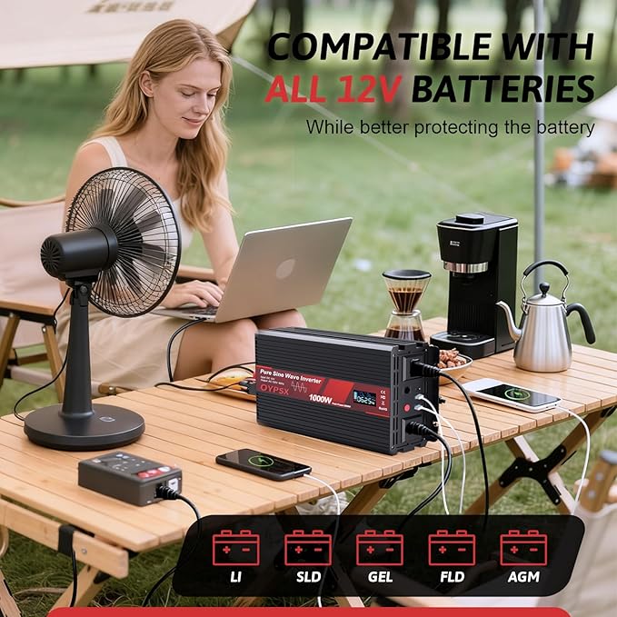 1000W Power Inverter 12V to 110V 120V AC Pure Sine Wave Inverter for RV Truck Camping,Outdoor Off-Grid Power Converter with LCD Display,Wired Controller,AC Outlets USB Ports (12V-1000Watt)