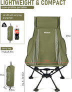 WildCall Lightweight Folding High Back Camping Chair with Head Support, Compact Beach Chair with Anti-Sinking Large Feet and Three Tilt Angles Adjustment