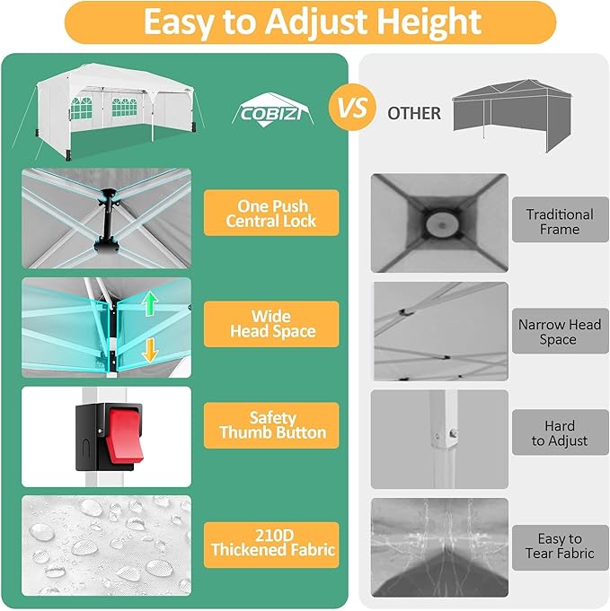 COBIZI 10x20 Pop Up Canopy: Canopy Tent with Patented Center-Lock Tech | Quick-Setup,UV-Reflective & Detachable Walls | 210D Waterproof |3 Height Adjustments for Parties,Weddings,Outdoor Events(White)