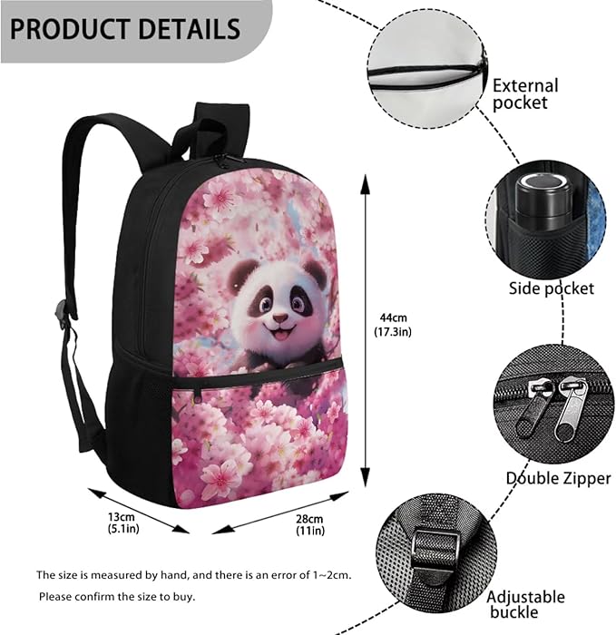 Panda School Backpack Set Kids 4 Piece with Lunch Box and Water Bottle Bag Pencil Case Large Capacity Lightweight Travel Backpack for Kids 8-12 Kindergarten Elementary Middle Camping