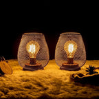 DECORKEY Set of 2 Battery Operated Lamp LED Table Lantern, Brown Metal Cage Cordless Lamps with LED Bulb，Vintage Decorative Outdoor Lantern for Weddings, Parties, Patio, Events for Indoors Shelf Decor