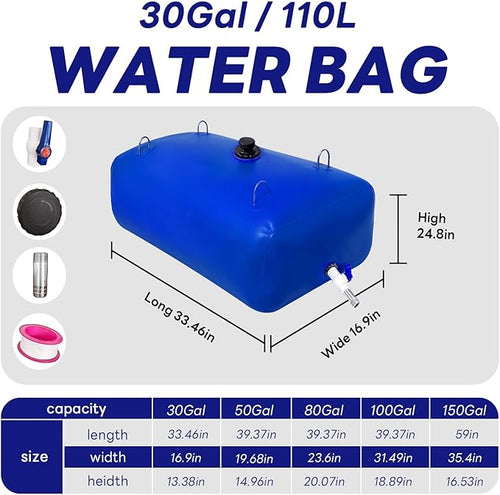 110 L/30 Gallon Water Bladder Tank, Blue Portable RV Water Tank, Large Capacity Water Storage Bladder for Camping, Garden, Emergency, Outdoor Sports