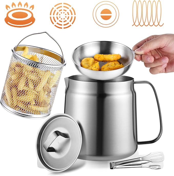68oz Stainless Steel Deep Fryer Pot with Basket and Oil Strainer, Multifunctional Deep Frying, Small Stove Top deep fry for Kitchen and Camping, Steel Pour Pot for French Fries, Chicken (2L)