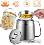 68oz Stainless Steel Deep Fryer Pot with Basket and Oil Strainer, Multifunctional Deep Frying, Small Stove Top deep fry for Kitchen and Camping, Steel Pour Pot for French Fries, Chicken (2L)