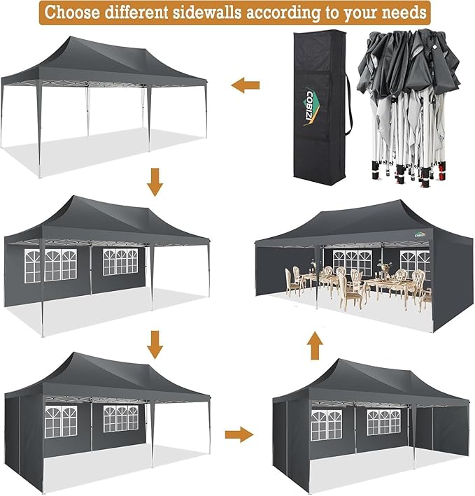 COBIZI 10x20 Pop Up Canopy Tent with Sidewalls, Outdoor Party Tent, Waterproof & UV50+, 3 Adjustable Heights, Higher Frame Design for Parties Backyard, Weddings, Markets, Gray