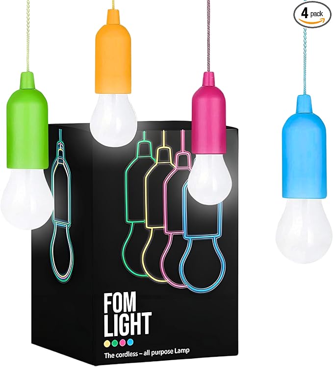 4 Hanging LED Kids Safe Lights for Treehouse, Playhouse, Camping, Indoor/Outdoor, Battery-Operated Lamps with Pull Chain