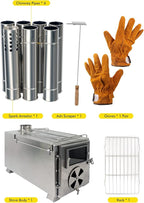 Camping Stove for Hot Tents, LAMA 304 Stainless Steel Wood Burning Stove with Stainless Wall Chimney Pipes for Tents, Shelter, Outdoor Portable Stove for Camping Heating and Cooking