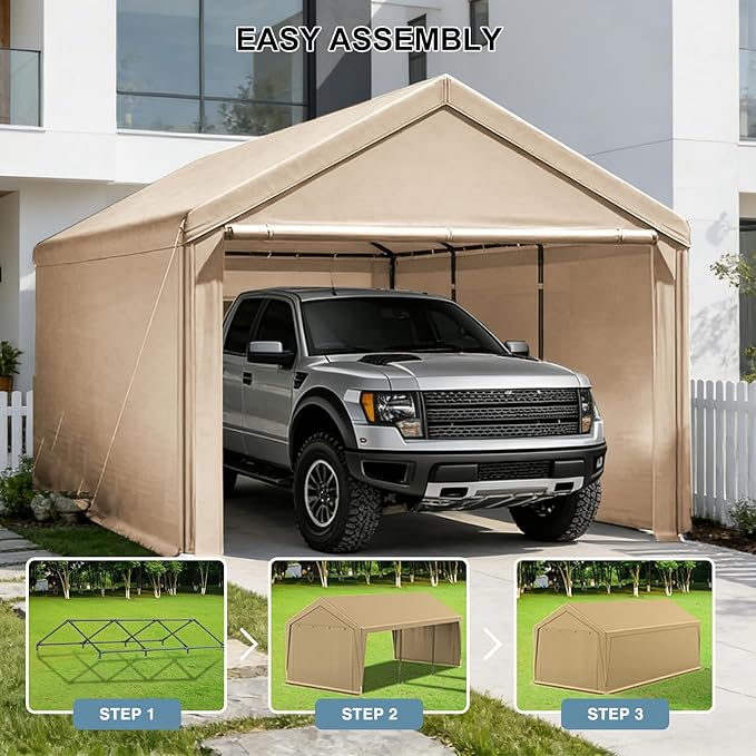 Carport 10x20ft Heavy Duty Canopy,Portable Garage Party Tent,Portable Garage with Removable Sidewalls & Doors All-Season Tarp for Car,Truck,Party Beige
