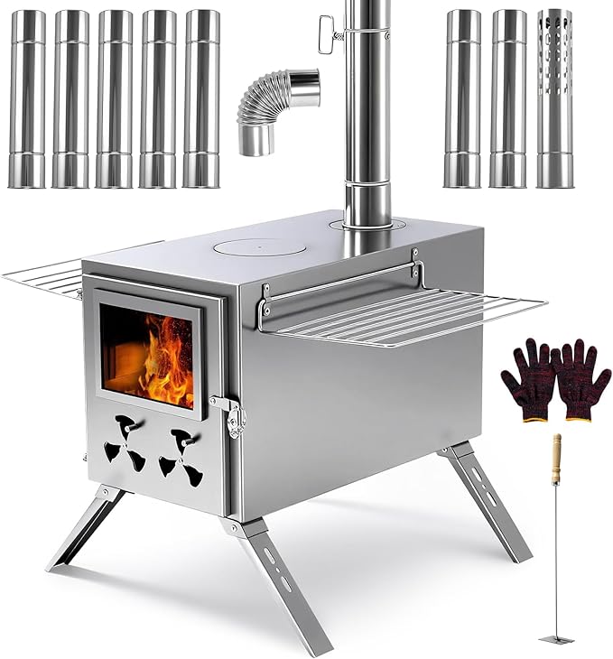 H&ZT Large Hot Tent Stove, Upgraded Wood Burning Stove with 9 Chimney Pipes, Portable Camping Heater for Cooking, Hunting & Winter Warmth