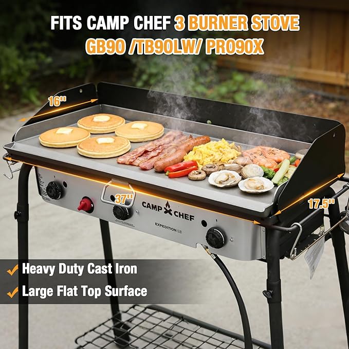 Hisencn Cast Iron Flat Top Griddle for Camp Chef 3 Burner Stove, 16"x37" Heavy Duty Fry Griddle Replacement for GB90D TB90 Series, Outdoor Cooking Griddle
