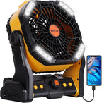 20000mAh Camping Fan with LED Lantern USB Tpye C Rechargeable Battery Operated Outdoor Tent Fan with Light & Hook, 270° Pivot 4 Speeds, Personal USB Desk Fan for Camping Yellow X26A