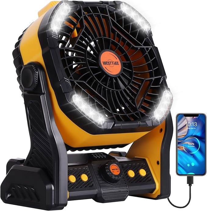20000mAh Camping Fan with LED Lantern USB Tpye C Rechargeable Battery Operated Outdoor Tent Fan with Light & Hook, 270° Pivot 4 Speeds, Personal USB Desk Fan for Camping Yellow X26A