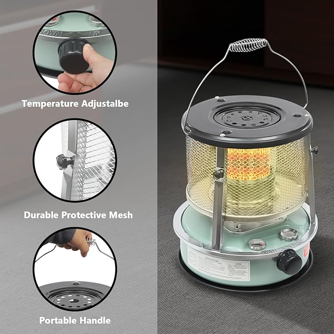 Kerosene Heater for Indoor & Outdoor Use, 9000 BTU 4.6L Portable Non Electric Stove with Fuel Gauge, Cordless Kerosene Space Heaters for Camping, Garage, Basement, Emergency Oil Heater, Green