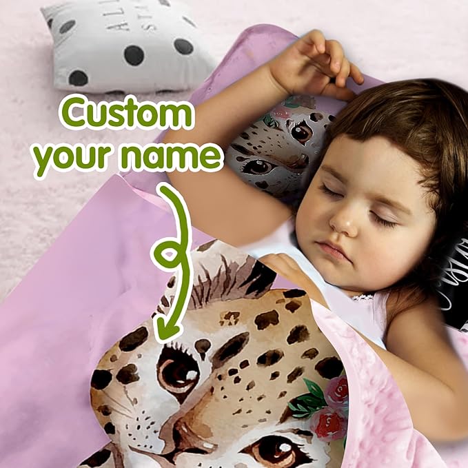 Custom Toddler Nap Mat for Preschool, Personalized Name Pink Kids Sleeping Bag with Leopard for Daycare, Roll Up Sleeping Mat with Removable Pillow and Soft Dot Minky Blanke for Girls Camping