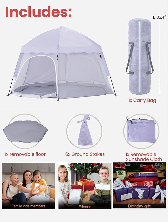 Portable Large Pop Up Kids Indoor Outdoor Tent with Canopy UV Cover,Thick Removable Floor for Sleeping Or Beach Shelter (Lilac)