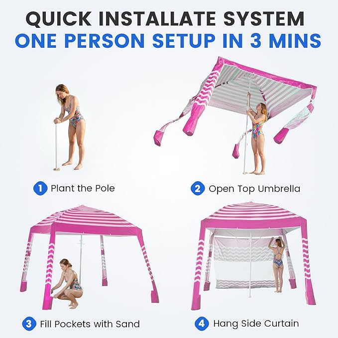 Zeraty Beach Cabana 8'×8', Portable Beach Canopy with Side Wall, Easy Pop Up UPF 50+ Silver-Coated Beach Tent Sun Shelter, Wind Resistant Adjustable Height Beach Umbrella Tent for Family, Pink
