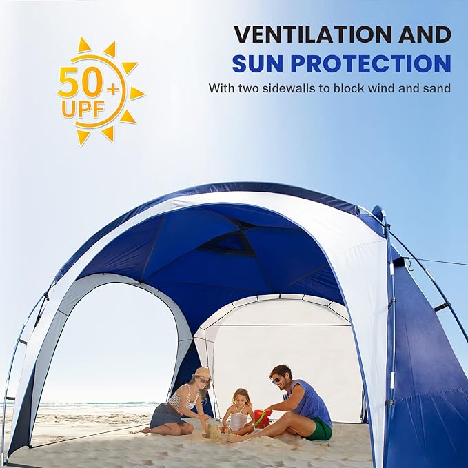 UNP Easy Beach Tent Pop Up Canopy UPF50+ Tent with Side Wall, Ground Pegs, and Stability Poles, Sun Shelter Rainproof, Waterproof for Camping Trips, Backyard Fun, Party Or Picnics