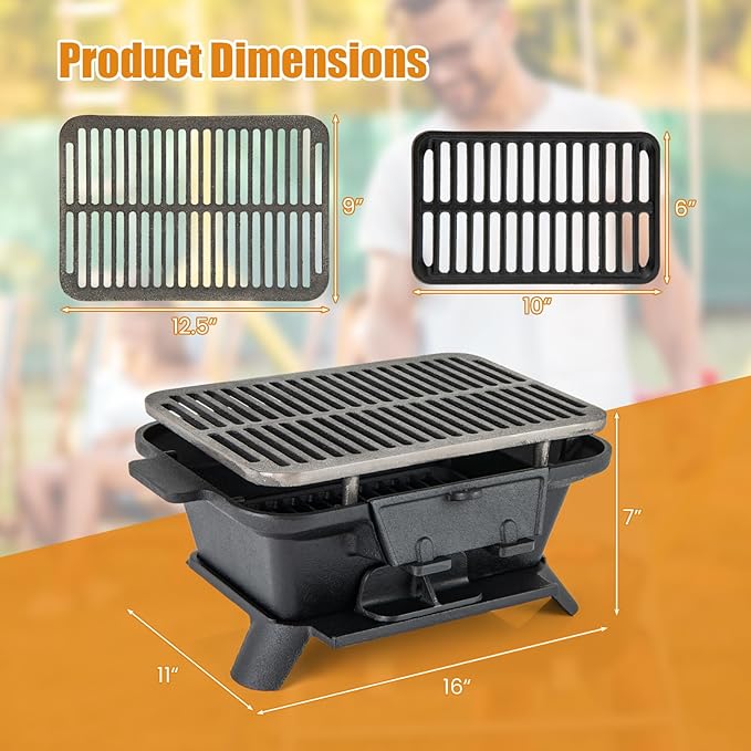HAPPYGRILL Cast Iron Charcoal Grill, Portable Hibachi Grill w/Air Regulating Door & Fire Gate, Grate Lifter, Double-sided Japanese Stove for Outdoor Camping Backyard Barbecue Party