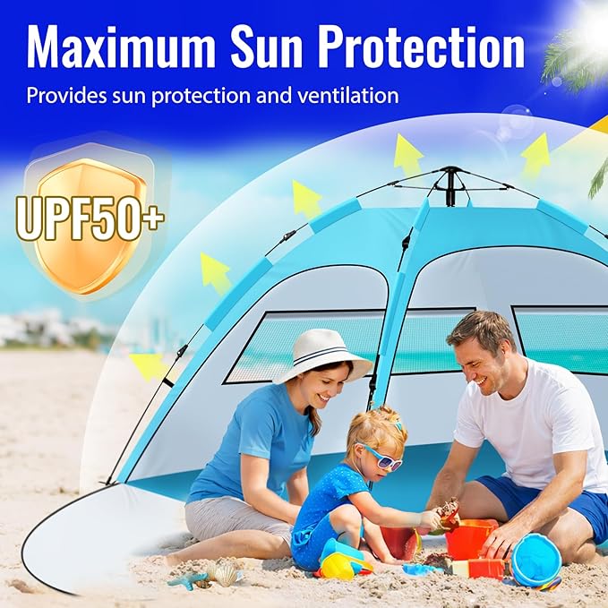 Beach Tent Sun Shade for 4-5 Person, Two Doors Large Pop Up Beach Tents for Adults and Kids, Portable Automatic Instant Sun Shelter Canopy Tent UV 50+, Ideal for Garden, Fishing, Picnic