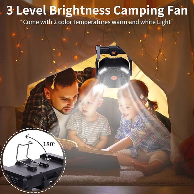 20000mAh Camping Fan with LED Lantern USB TpyeC Rechargeable Battery Operated Fan Outdoor Fans with Light & Hook,4 Speeds Personal USB Desk for Camping Black X26A