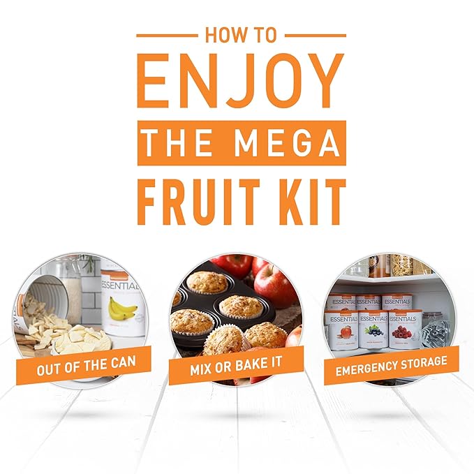 Emergency Essentials MEGA Fruit Kit | Freeze Dried & Dehydrated Fruit Variety | 119 Servings | Up To 30 Year Shelf Life | Apples, Strawberries, Blueberries, Peaches, Bananas, Pineapple