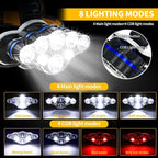 Rechargeable Headlamp, 8 LED 18000lm IPX4, Red Light Flashlight, USB Cable 8 Modes Outdoors Camping Running Fishing Hiking (Yellow Headband)