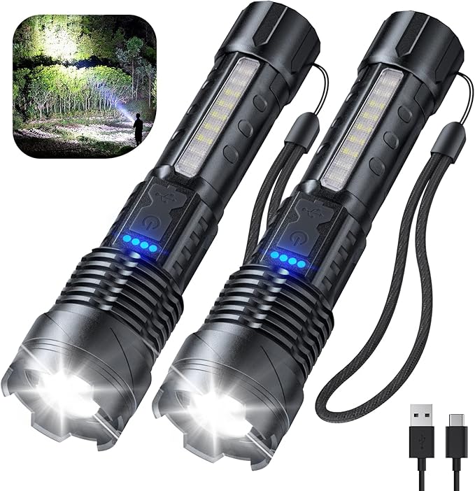 Cinlinso Flashlight High Lumens Rechargeable 2 Pack, 990000 Lumen Super Bright Led Flashlights with 7 Light Modes, IPX6 Waterproof, Powerful Handheld Flash Light for Camping Home Emergencies
