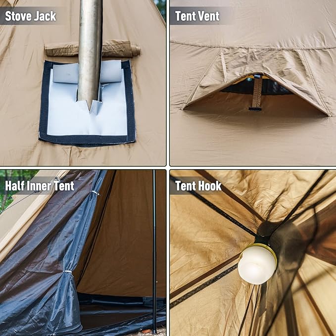 FIREHIKING Camping Hot Tent 2-4 Person Teepee Tent with Stove Jack for Backpacking Hunting 11'6" x 6'11" | with Stove Jack, for Backpacking, Hunting
