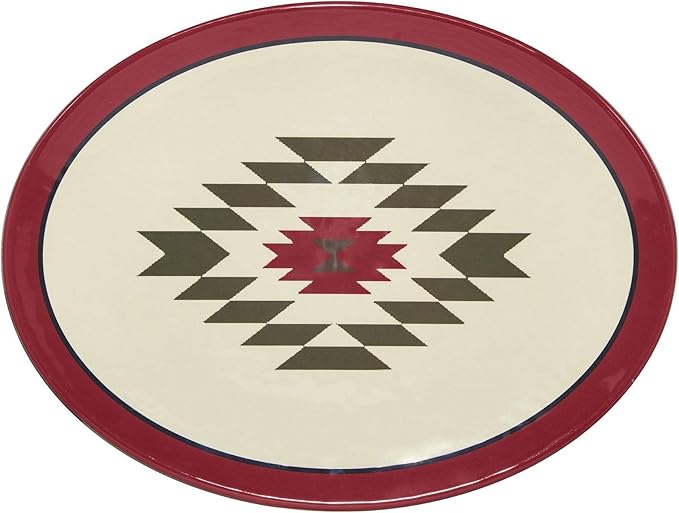 Paseo Road Aztec Bear 14 Piece Melamine Plastic Rustic Dinnerware Set, Brown Red Cream Green Bear Pine Tree Geometric Print, Cabin Lodge Southwestern Dish Set with Plates, Bowls