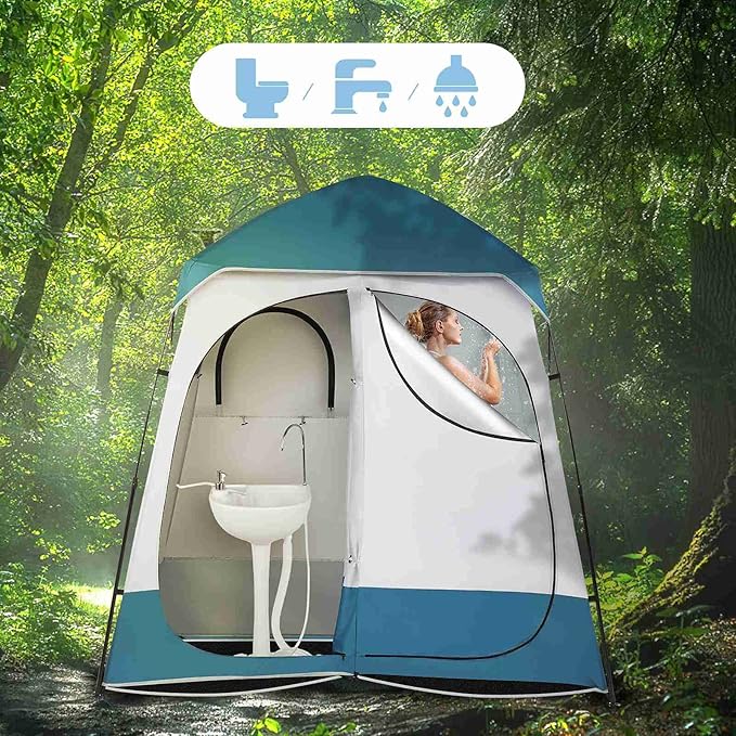 Pop Up Privacy Shower Tent, Portable Double Outdoor Camping Shower Shelter, Changing Room Instant Tent with 2 Rooms