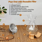 Coffee Pour Over 20.3oz 600ml High Borosilicate Glass Pour Over Coffee Maker Set Camping with Reusable 304 Stainless Steel Filter Hand Brew Carafe Drip Suitable for Electric Ceramic Stove