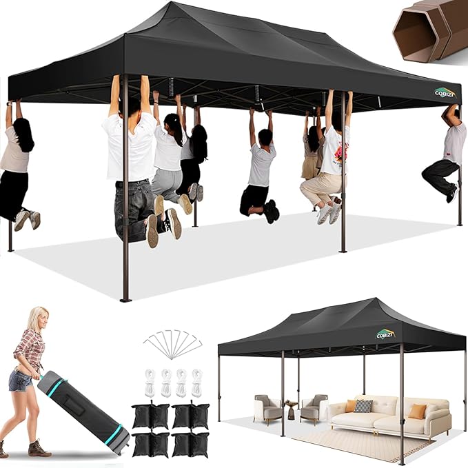 COBIZI 10x20 Pop Up Heavy Duty Canopy with Upgrated Hexagonal Legs, Easy up Tent for Party, Wedding and Commercial Event, Outdoor Canopy with Roller Bag, Sand Bags, Waterproof & UPF50+ (Black)