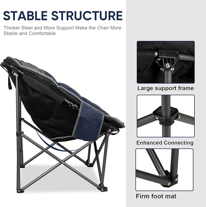 Northroad XXL Camping Moon Chair,Oversized Round Chair,Folding Padded Saucer w/Side Pocket,500lbs Capacity for Outdoor Hiking Fishing Picnic Lawn,Blue&Grey