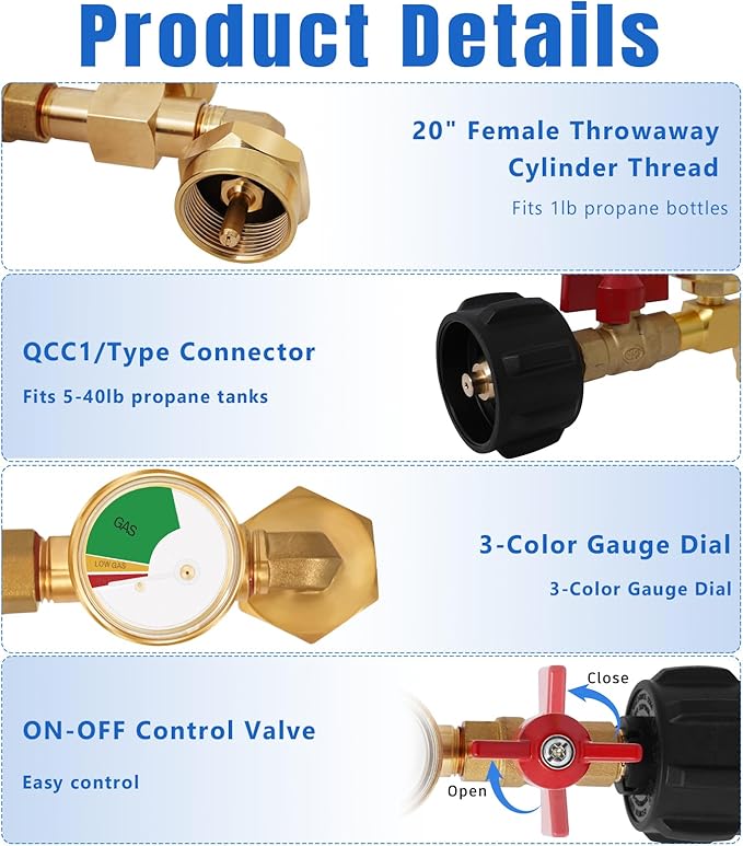 Propane Refill Adapter for 1 Lb. Tanks, Propane Adapter 20lb to 1lb Converter with On/Off Valve and Tank Gauge, for BBQ Grill Stove Camping with 2 Bottle Caps for Refillable 1 lb Cylinder, Solid Brass
