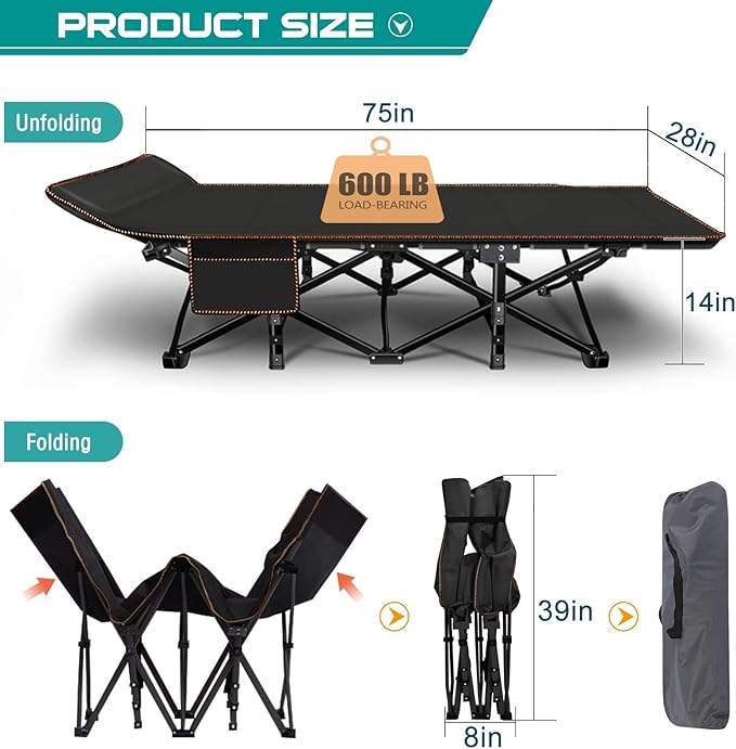 LILYPELLE Folding Camping Cot, Extra Wide Heavy Duty Sleeping Cots with Carry Bag, Double Layer Oxford Portable Travel Camp Cots for Home, Office Nap and Outdoor Beach