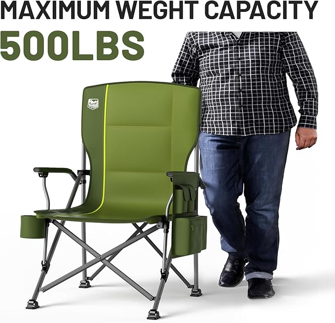 Timber Ridge 500lbs Oversized Folding Camping Chair, Heavy Duty Lawn Chair for Adults, Portable Collapsible High Back Chair with Cup Holder, Side Pocket Cooler Bag, for Outdoor, Sports, Green