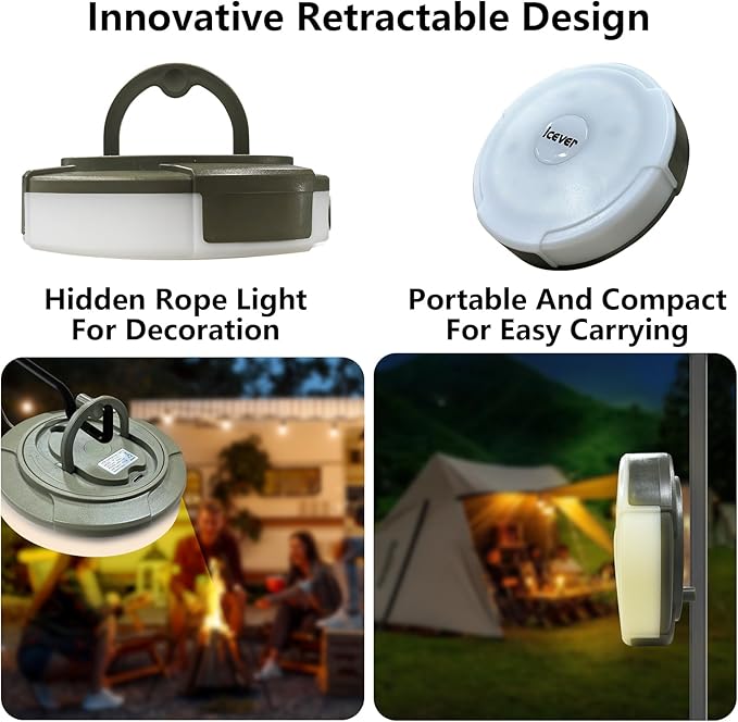 Camping String Lights, 32.8FT Rechargeable Waterproof Hanging Lamp Portable LED Light for Outdoor Camping Awning Tent Garden Party Yard Festival Decor (5 Lighting Modes)